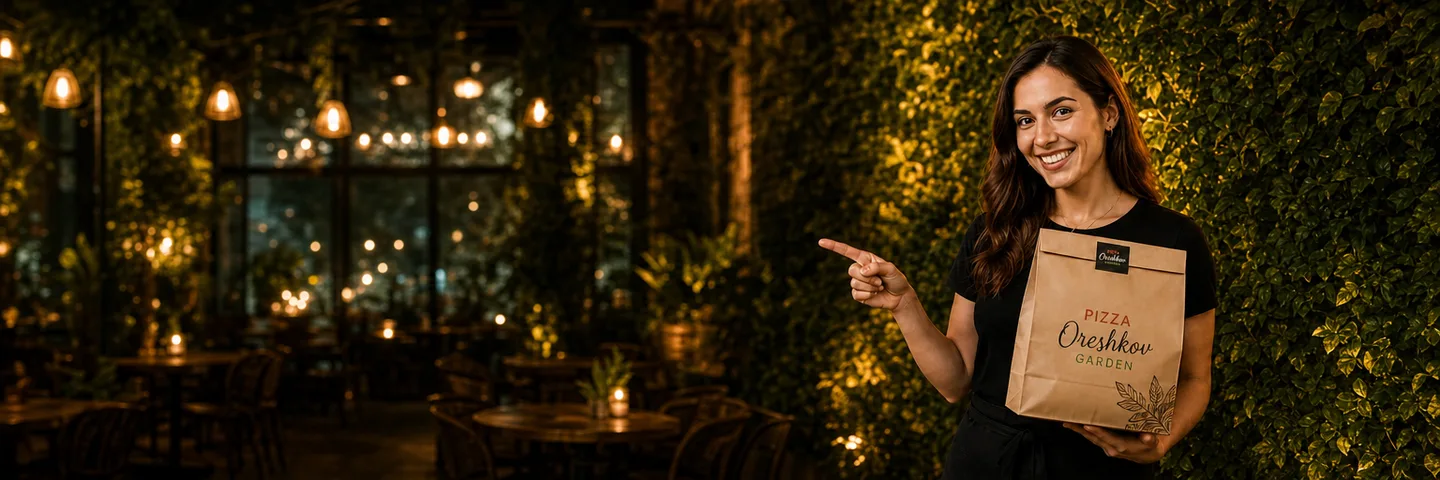 Усмихнато момиче с плик за вкъщи от Pizza Oreshkov Garden